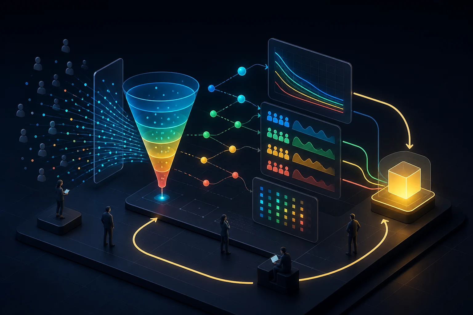 An abstract funnel, retention curves, cohorts, and a feedback loop leading to a product decision