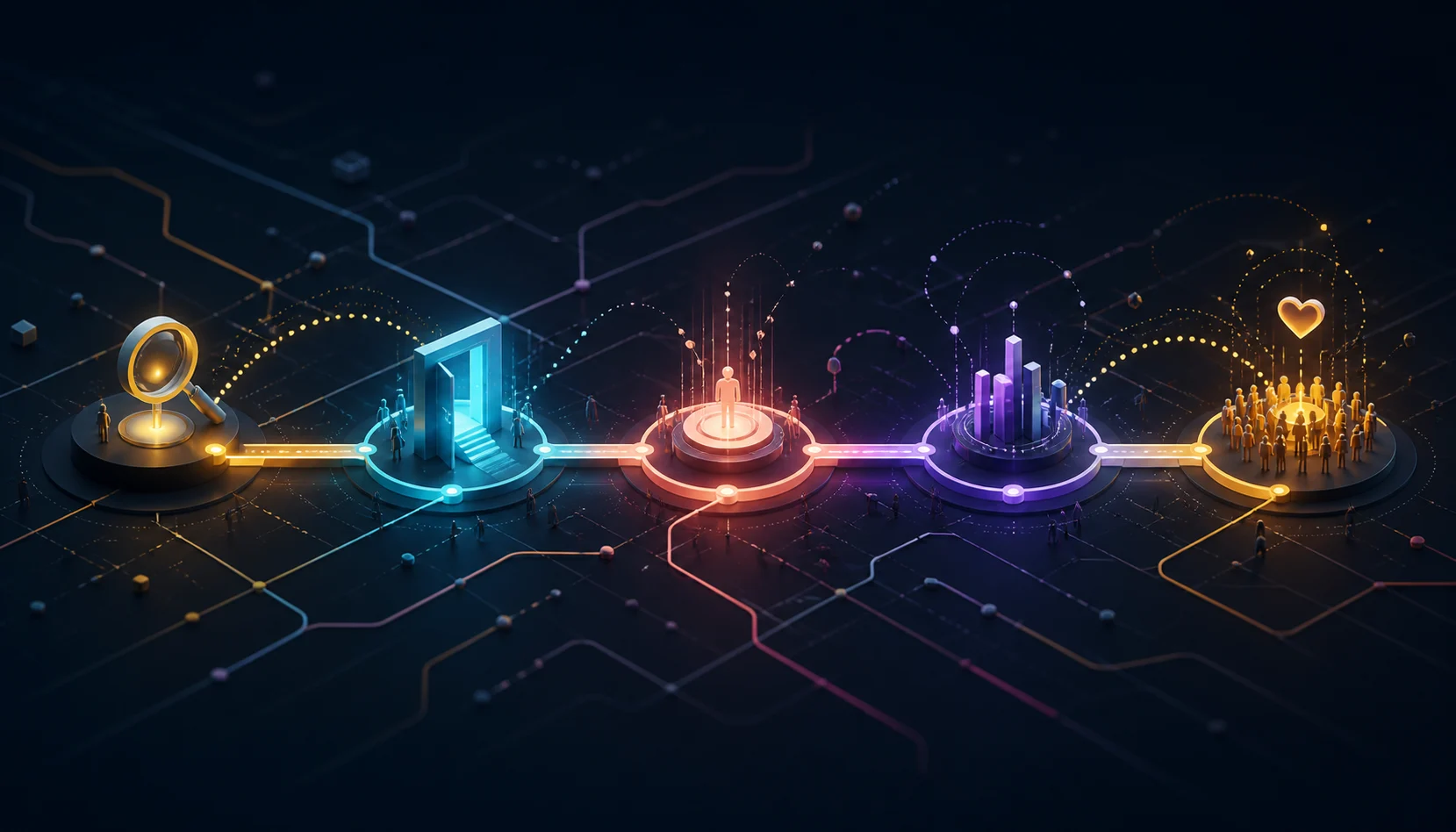 A glowing route connecting five stages of a digital user journey